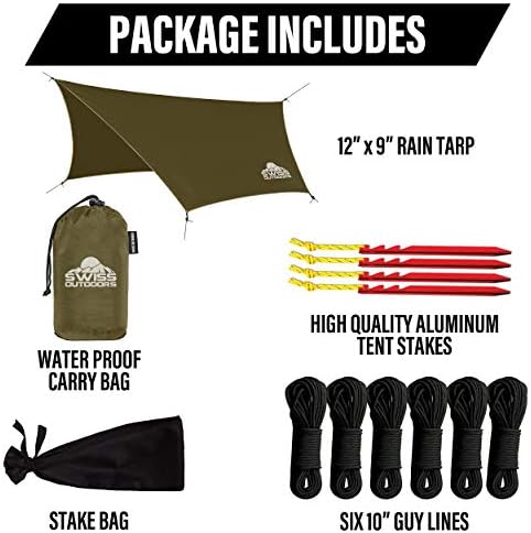 Rain Fly Tarp | Waterproof Tent Shelter Canopy | Lightweight Easy Setup for Hammock, Backpacking or Camp Gear | Premium Quality 12 x 9 ft |, Green Army