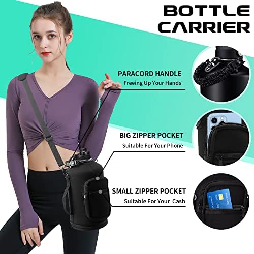 128OZ Insulated Water-Bottles with Strap - 1 Gallon Large Water Jug with Straw & Spout Lid, Stainless Steel Water Bottle Leak Proof, Cold-48h Hot-24h Metal Water Flask w/Paracord Handle, Carrier Bag