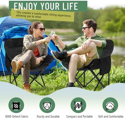 2 Pack Compact Camping Chairs Portable Folding for Outside with Carry Bag Lightweight Moon Chairs for Travel Picnic Hiking Beach Fishing, 600D Oxford, Supports 330lbs(Black)