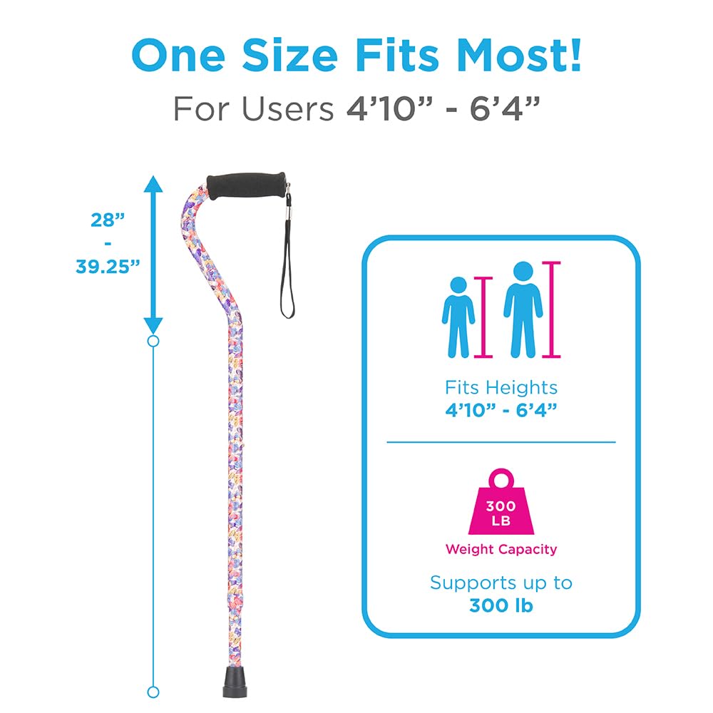 NOVA Medical Products Designer Walking Cane with Offset Handle, Lightweight Adjustable Walking Stick with Carrying Strap, "Butterfly Symphony" Design