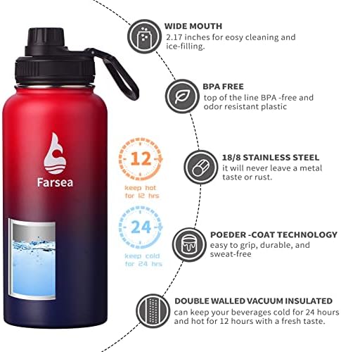 Farsea Insulated Water Bottle With Paracord Handle, Protective Silicone Boot and 2 Lids (Straw Lid & Spout Lid), Stainless Steel Water Bottle Wide Mouth, Double Wall Sweat-Proof BPA-Free, 32 oz