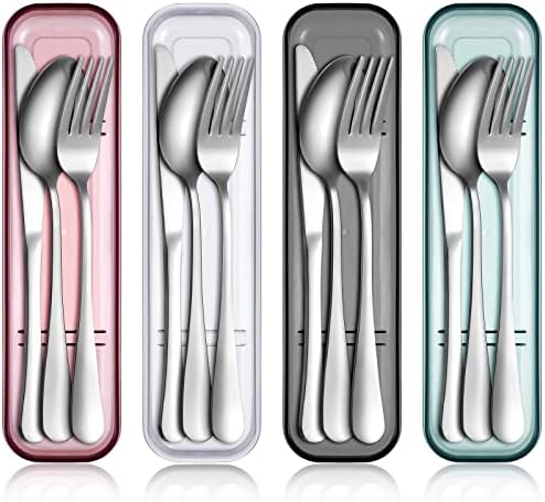 Yinkin 4 Pack Portable Travel Utensils Set with Case Reusable Stainless Steel Silverware Flatware Camping Cutlery Include Fork Spoon Knife for Work School Dishwasher Safe(White, Green, Red, Black)