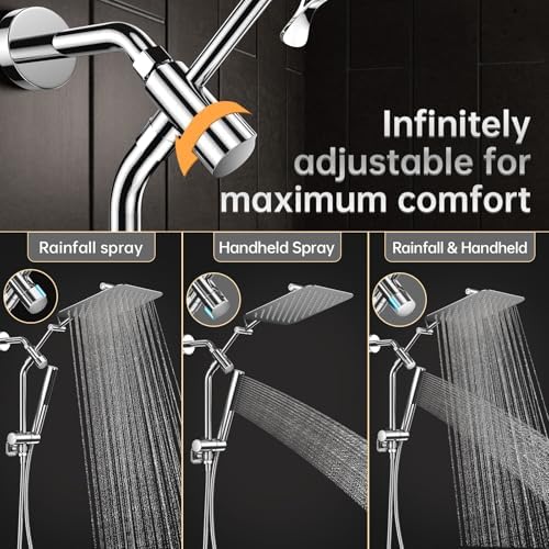 Veken 10" Luxurious All Metal Rain Shower Head with Handheld Spray Combo, High Pressure Rainfall Square Shower Heads with Extention Arm, Wide Dual Showerhead, Bathroom Accessories, Chrome, Silver
