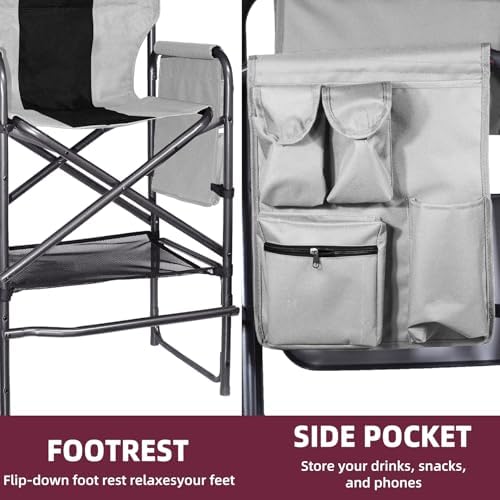 30" Tall Directors Chair with Side Table, 400LBS Bar Height Folding Camping Chair for Makeup Artists, Outdoor Events, Portable Foldable Chair with Cup Holder & footrest - Gray/Black