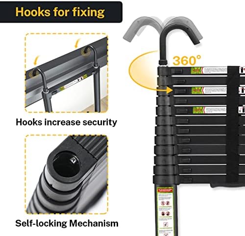 Telescopic Ladder, 12.5FT RIKADE Aluminum Telescoping Ladder with Non-Slip Feet and Stable Hook, Portable Extension Ladder for Household and Outdoor Working, 330lb Capacity Black