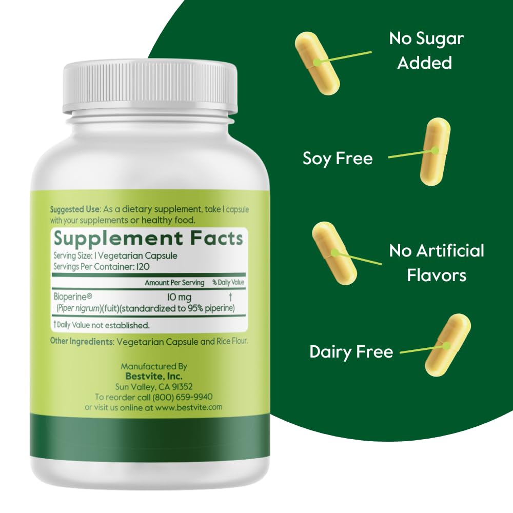 BESTVITE Bioperine 10mg (240 Vegetarian Capsules) (120 x 2) - No Stearates - Vegan - Non GMO - Gluten Free - Absorption Enhancer