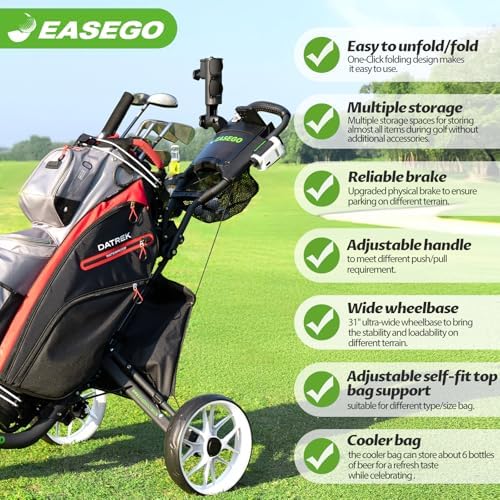 Golf Push Cart 3 Wheel : Golf Bag Cart Foldable with Phone Holder/Cup/Umbrella Holder Compact Golf Pull Carts Quick Fold Golf Caddy Push Carts with Large Wheelbase for Different Terrain