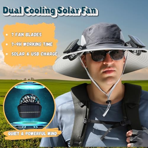 Outdoor Wide Brim Sun Hat with 2 Solar Fan Sun Bucket Hat for Men Women UPF 50+ Bucket Fishing & Beach Hat with Fan Built in