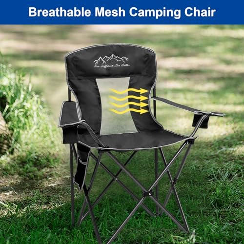 Collapsible Folding Camping Chairs Heavy Duty Lawn Foldable Chair with Cooler Bag, Storage Pocket, Waterproof Bag Outdoor Arm Sport Chair, Supports 325LBS, Black