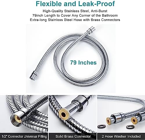 Handheld Shower Head with On Off Switch 8-Mode High Pressure Showerhead with 79 Inches Extra-long Stainless Steel Hose and Bracket PLUS Extra Low-Reach Adhesive Wall Mount for Kids,Silver…