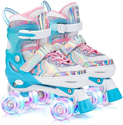 SULIFEEL Rainbow Unicorn 4 Size Adjustable Light up Roller Skates for Girls Boys for Kids