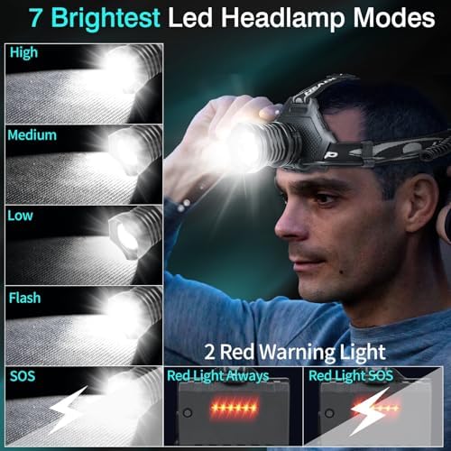 Aikertec Rechargeable LED Headlamp 5000 Lumen, Super Bright Head Lamp Flashlight with 5 Lighting Modes, IPX6 Waterproof, Zoomable Headlight for Camping, Hiking, Fishing, Biking, Running (2 Pack)