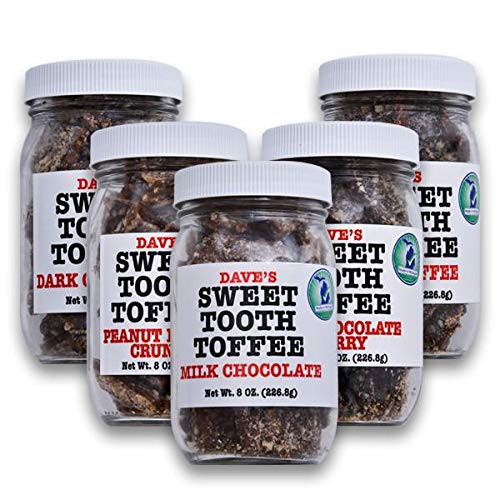 Dave's Sweet Tooth Toffee Variety Pack, Milk Chocolate, Dark Chocolate, Coffee, Peanut Butter, Dark Chocolate Cherry Flavors, 8oz Resealable Jar, 5 Pack
