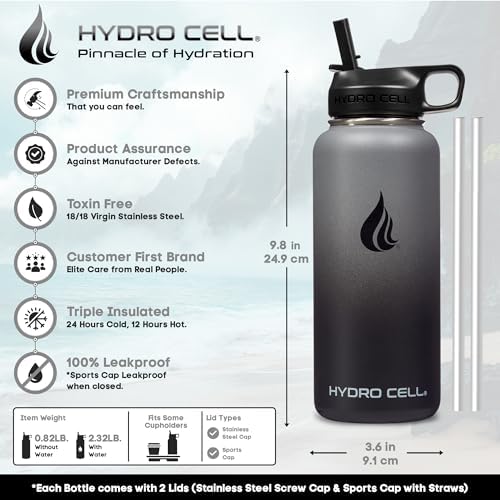 HYDRO CELL Stainless Steel Insulated Water Bottle with Straw - For Cold & Hot Drinks - Metal Vacuum Flask with Screw Cap and Modern Leakproof Sport Thermos for Adults (Graphite/Black 32oz)