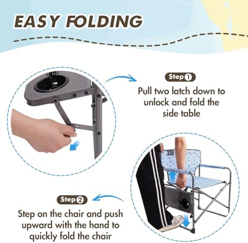 Busy Bee Kids Director Camping Chair with Foldable Side Table, Lightweight, Flat Folding, Compact and Portable, Perfect Kid Beach Chairs, Supports 150 Lbs.