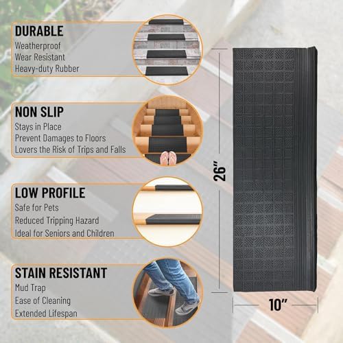 Ottomanson Indoor/Outdoor Hose-Wash Square Edge Design Non-Slip Rubber 10" x 25.5" Modern Stair Treads for Stairs, Garage, Patio, 5 Pack, Black
