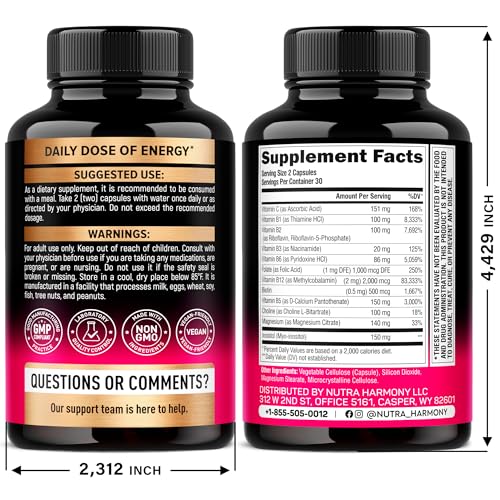Vitamin B Complex for Men & Women - Riboflavin B2, B12, B1, B3, B5, B6, B7, B8, B9 | Vitamin C, Choline, Inositol - B-Complex Supplement - Energy, Brain & Heart Support - Made in USA, 60 Vegan Caps