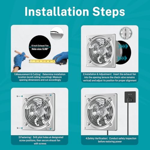 HG Power 6 Inch Exhaust Fan: Kitchen Exhaust Fans with Switch Portable Attic Vent Fan with 8 Feet Power Cord Plug-in Garage Ventilation Fan with Damper Shop Chicken Coop Basement Smoking Room Silver