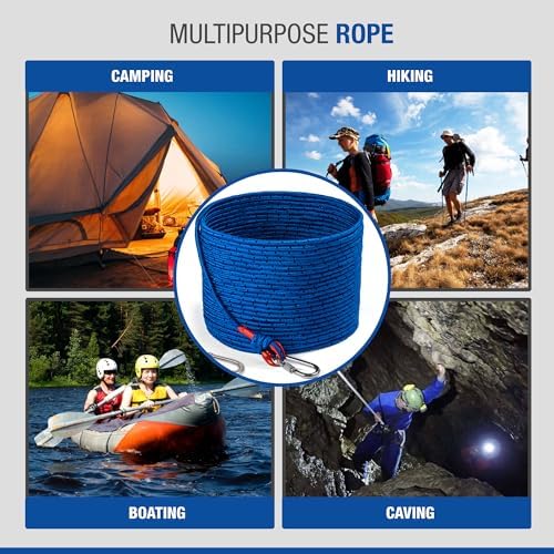 Loreso Strong Magnet Fishing Rope Carabiner, Camping Rope - Heavy Duty 1200 lb Strength All Purpose Ropes, 1/3 Inch Reinforced Polyester Line, Outdoor Rope for Camping, Hiking, Boating & Caving - 65ft