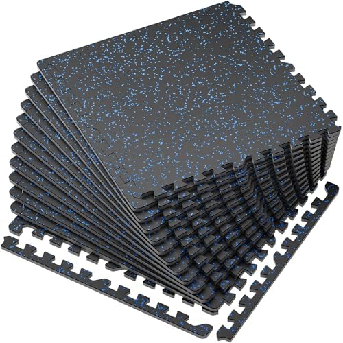 SUPERJARE 0.56'' Thick 12 Pcs 48 Sq Ft Rubber Top Exercise Equipment Mats, High Density EVA Foam Mats with Rubber Top, Interlocking Gym Flooring for Home Gym, Protective Workout Mat, Black/Blue
