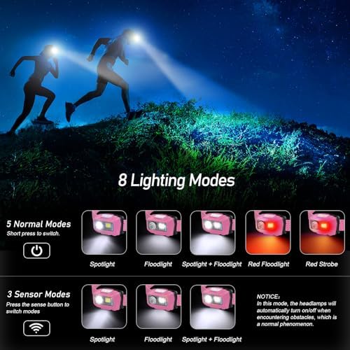 Headlamp Flashlight, 2-Pack Super Bright LED Rechargeable Headlight - Spotlight&Floodlight Combination, Sensor Control, 8 Modes,IPX5 Waterproof, 20+Hrs Runtime for Camping-Pink