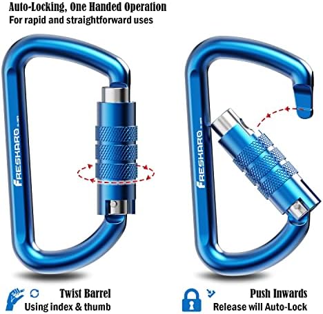 FresKaro 3inch 12kN-2698lbs Auto Locking Carabiner Clips, Solid D Shape, Heavy Duty 7075 Aluminum, Lightweight 1.09oz, Rust Proof, for Hammock, Hiking, Dog Leash, Keychain etc., Multi-Colors