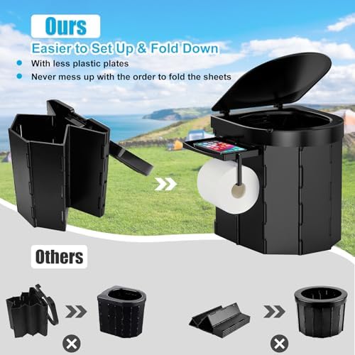 Portable Camping Toilet, Foldable Toilet for Adults with Detachable Phone Shelf and Toilet Paper Holder, Waterproof Porta Potty with Lid for Camping, Hiking, RV Travel, Road Trips