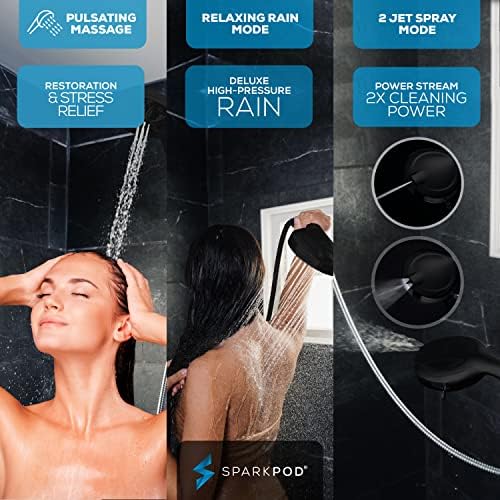 SparkPod 10-Mode Handheld Shower Head with Filter - 5" High Pressure Filtered Shower Head with Touch-to-Clean Nozzles, Built-In Power Jet, Stainless Steel 6ft Hose & Bracket (Black Matte)