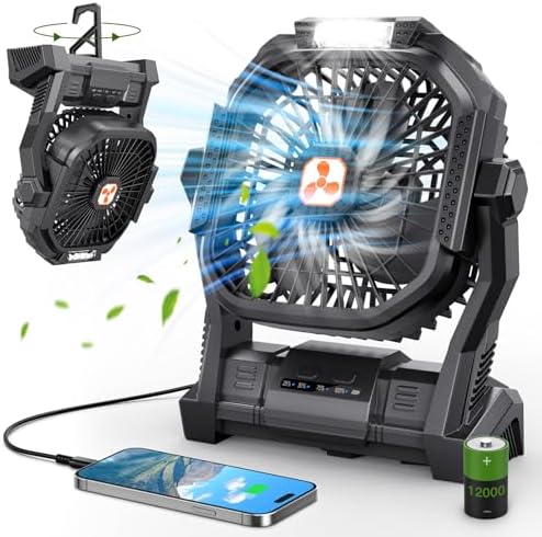 Portable Rechargeable Fan, 20000mAh Cordless Battery Powered Camping Tent Fans with LED Lantern, Small USB C Operated Outdoor Ventilador for Travel Camp Fishing Picnic Beach Office Home Essentials