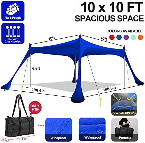 Buheco Beach Tent Pop Up Shade 10x10ft Beach Canopy Sun Shelter UPF50+ with 4 Foldable Poles-Portable Carrying Bag-Sand Shovel-Ground Pegs-Windproof Ropes for Outdoor Family Camping-Fishing- Picnic