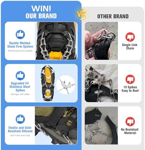 24 Spikes Crampons for Shoes, Anti Slip Ice Cleats for Shoes and Boots, Traction Ice Snow Grip with Stainless Steel Spikes and Silicone Men Women for Hiking, Walking, Climbing, Jogging,Fishing