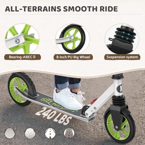 Kick Scooter for Ages 6+,Kid, Teens & Adults. Max Load 240 LBS. Foldable, Lightweight, 8IN Big Wheels for Kids, Teen and Adults, 4 Adjustable Levels. Bearing ABEC9