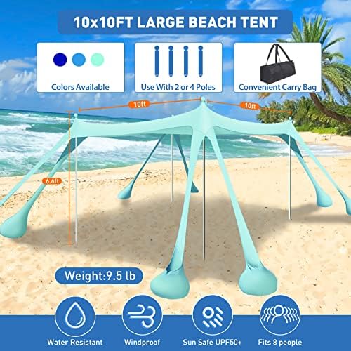 Beach Tent Canopy Pop Up Shade 10x10ft Sun Shelter Portable Family UPF50+ with 8 Sandbags-2 Sand Shovel-4 Aluminum Poles-Ground Pegs-Carrying Bag for Outdoor Camping Fishing Backyard Picnic