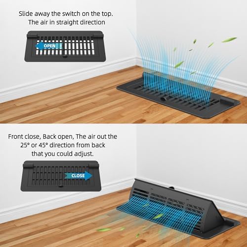 2-in-1 Vent Deflectors & Floor Vent Covers, Adjustable Floor Register 4x10, Air Vent Deflector for Home Floor, Office, Ceiling, Tool-Free Install, Black, 2 Pack