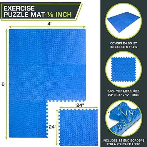 ProsourceFit Puzzle Exercise Mat ½ in, EVA Interlocking Foam Floor Tiles for Home Gym, Mat for Home Workout Equipment, Floor Padding for Kids, Black, 24 in x 24 in x ½ in, 48 Sq Ft - 12 Tiles