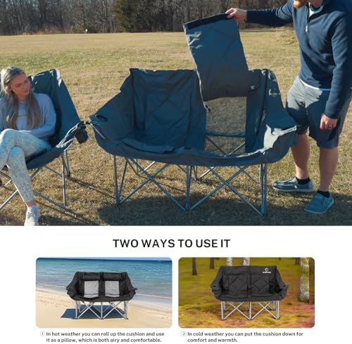 HITORHIKE Double Camping Chair Heavy Duty Oversized Folding Loveseat Camping Chair - Single/Double, All-Season Design with Cup Holder for Camping, Picnic, Beach