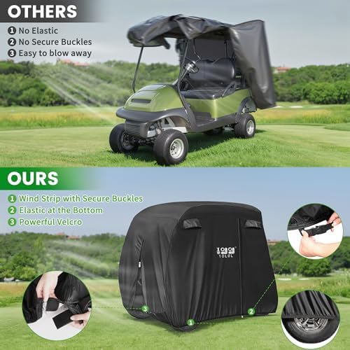10L0L 2/4/4+2 Passenger Golf Cart Cover Fits for Yamaha EZGO Club Car, 420D Waterproof Durable Polyester Golf Cart Cover with Three Zipper Doors Windproof Sunproof - Black/Army Green/Sliver