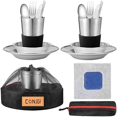 Outdoor Camping Mess Kit - 1 to 2 persons Camping Dishes Includes Cups, Bowls, Dishes, Knives, Forks, Spoons, Etc, Camping Dinnerware Set with Mesh Bag is Easy to Carry Camping Tableware Set