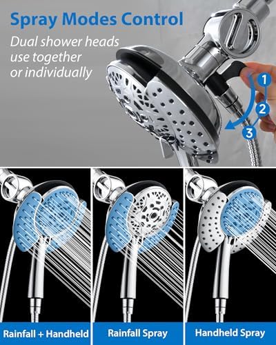 2-in-1 Filtered Shower Head with Handheld: Dual Shower Heads with Rain Shower & Handheld Shower Head, 10-Mode Detachable Shower Head with Massage Spray, Shower Trim Systems