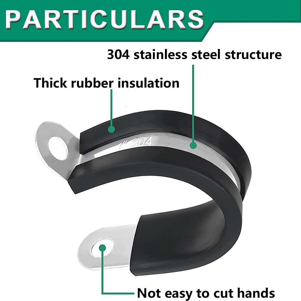 OURU 110PCS Cable Clamps Assortment Kit,10 Sizes—1/4" 5/16" 3/8" 1/2" 5/8" 3/4" 1" 1-1/4" 1-1/2" 1-3/4" Stainless Steel Rubber Coated Cushioned Insulated Cable Clamp,Automotive Wire Pipe Clamps
