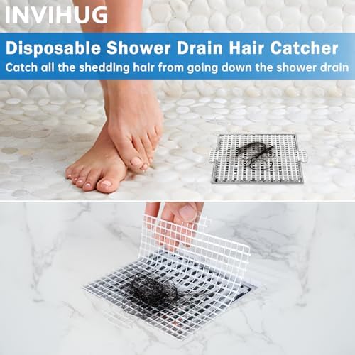 INVIHUG,25 Pack,Disposable Shower Drain Hair Catcher Mesh Stickers,Disposable Hair Drain Catcher(6.1inch Square)