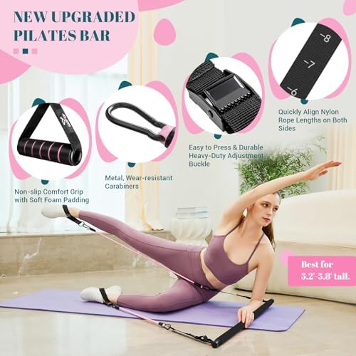 Pilates Bar Kit with Resistance Bands, Multifunctional Yoga Pilates Bar with Heavy-Duty Metal Adjustment Buckle, Portable Home Gym Pilates Resistance Bar Kit for Women Full Body Workouts