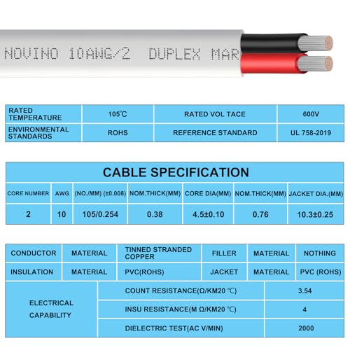 10 Gauge Marine Wire,10 AWG 10ft Duplex Marine Grade Wire Tinned Copper Electrical Cable for Boat/Automotive/RV/Camper/Trailer Outdoor Use