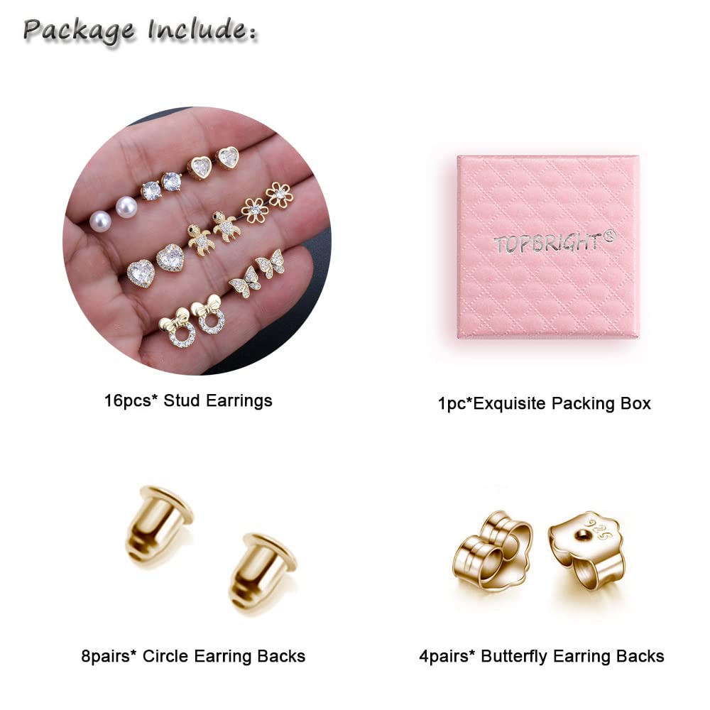 TOPBRIGHT 8 Pairs S925 Sterling Silver Stud Earrings Hypoallergenic Earrings with 18k Gold Plated Heart CZ Tiny Butterfly For Kids, Toddlers, Little Girls, Teens, Women