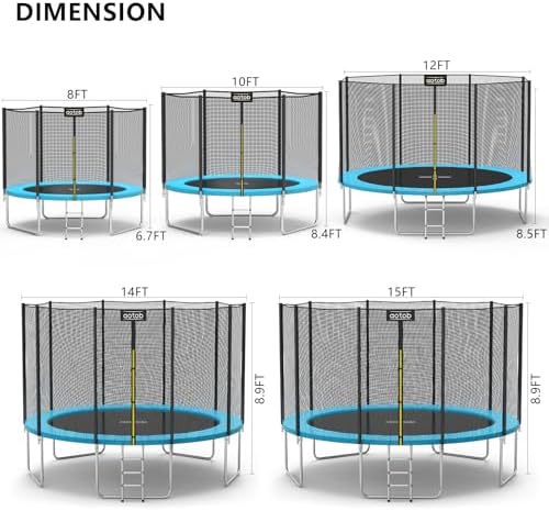 AOTOB 8FT 10FT 12FT 14 FT 15FT Trampoline with Safety Enclosure Net,Outdoor Trampoline with Basketball Hoop, Heavy Duty Jumping Mat and Spring Cover Padding for Kids and Adults, Storage Bag and Ladder