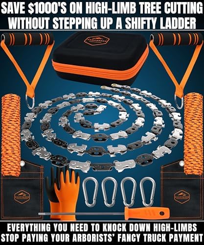 High Limb Rope Saw 53 In - Zero Effort 360 Rope Chain Saw - Sharp Manual Tree Limb Cutter - Hand Chainsaw with Ergonomic Handles and Carrying Case - Fast and Easy Pocket Chainsaw