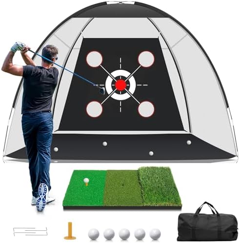 Golf Net with Practice Mat,Golf Hitting Aid Nets 10x7FT for Backyard Driving Chipping Training Swing with Target Mat Balls for Outdoor Indoor,Gifts for Men Dad Him and Golfer