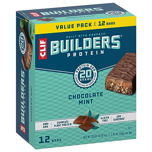 CLIF BUILDERS Protein Bars - Chocolate Mint Flavor - 20g Plant Based Protein - Gluten Free - Non-GMO - Low Glycemic - No Artificial Sweeteners - Value Pack, 2.4 oz. (12 Count)