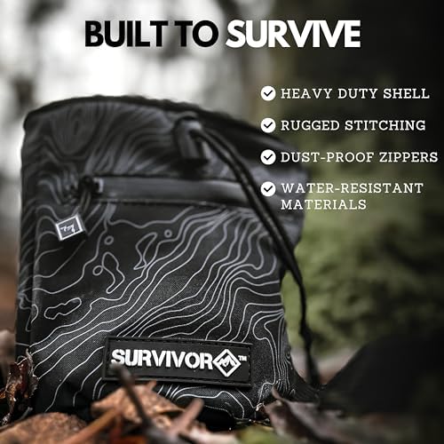 SURVIVOR Chalk Bag + Chalk Ball + Liquid Grip - Iconic Topographical Map, Draw String Closure, 2 Zippered Pockets, & Brush Holder - Bag for Rock Climbing, Bouldering, Weightlifting, Gymnastics & More