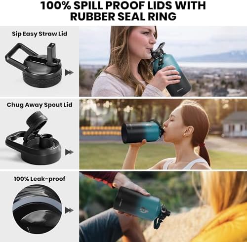 Insulated Water Bottle 64 oz, Triple Wall Vacuum Stainless Steel (Cold for 48 Hrs), Leak Proof & Non-BPA, Half Gallon Water Flask Jug with Paracord Handle & Straw Spout Lids